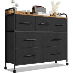 KIRVOVIY Chest of Drawers, Dresser for Bedroom with 7 Fabric Drawers, Clothes Storage Cabinet with 4 Castors, Metal Frame (Black)