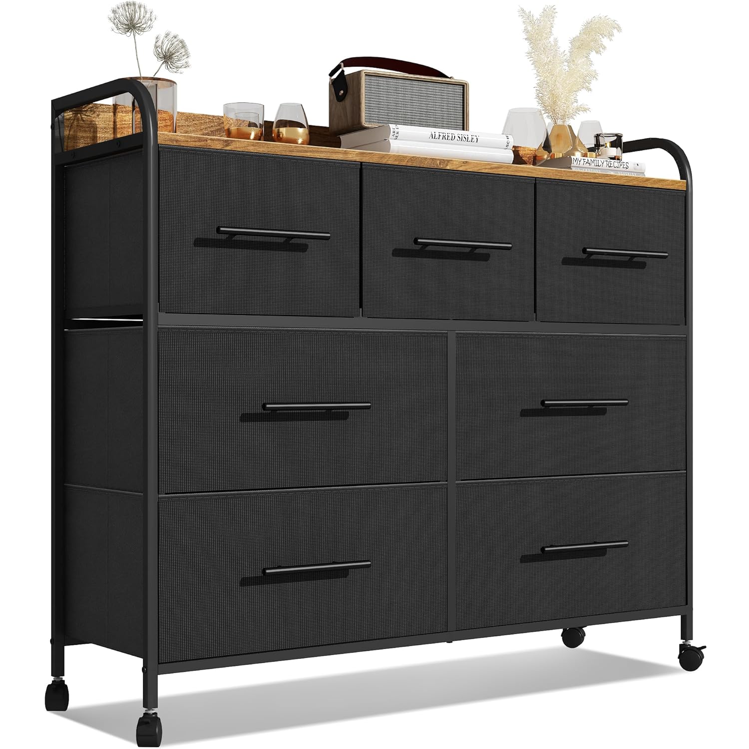 KIRVOVIY Chest of Drawers, Dresser for Bedroom with 7 Fabric Drawers, Clothes Storage Cabinet with 4 Castors, Metal Frame (Black)