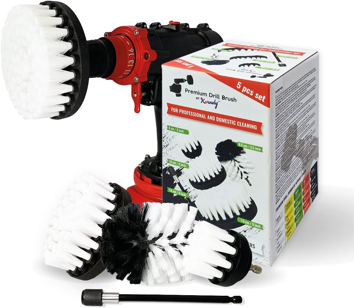 Kornely™ Premium Drill Brush, Extra Soft, White 5pcs. SET. Professional Power Scrubber. Doesn't Scratch Surfaces. Suitable for Carpet, Leather, Upholstery, Furniture, car...