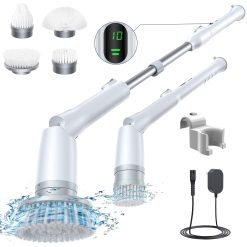 LABIGO Electric Spin Scrubber, Shower Power Cleaning Brush with Display and 4 Replaceable Heads,2 Adjustable speeds, 3 Extension Handle, for Bathroom Floor Tile