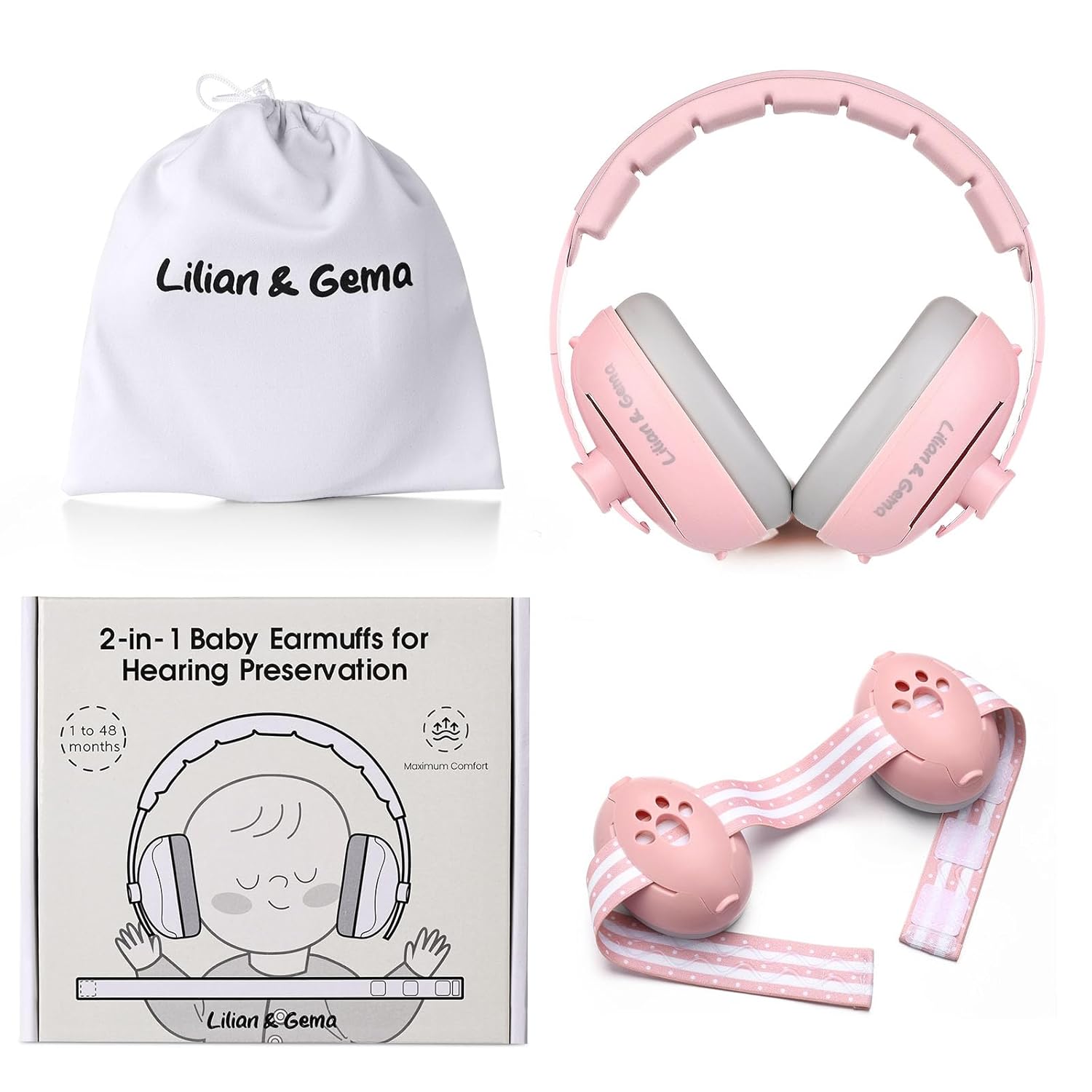 Lilian&Gema 2-in-1 Baby Ear Defender for Babies and Toddlers up to 4 Years, Adjustable Baby Headphones with Stretchy Band, Noise Cancelling Headphones, Against Hearing Damage &...