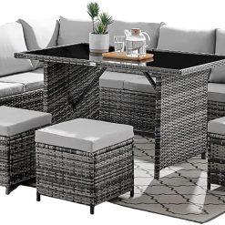 Lisbon Grey 9 Seater Rattan Corner Sofa Dining Set Garden Furniture with Light Grey Cushions Compact Wicker Weatherproof Garden Set Seat. FREE RAIN COVER