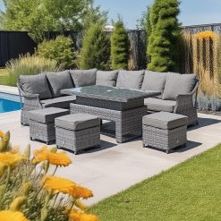 Liv Outdoors - Heritage Sofa Dining Set with Height Adjustable Rising Large Table with 3 stools for garden furniture (Grey)