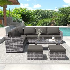 LTGB Rattan Garden Furniture Set, Garden Corner Sofa Set 8 Seater Rattan Sofa Outdoor Furniture with Coffee table 2 stools, Gray 【UK Fast Shippment】