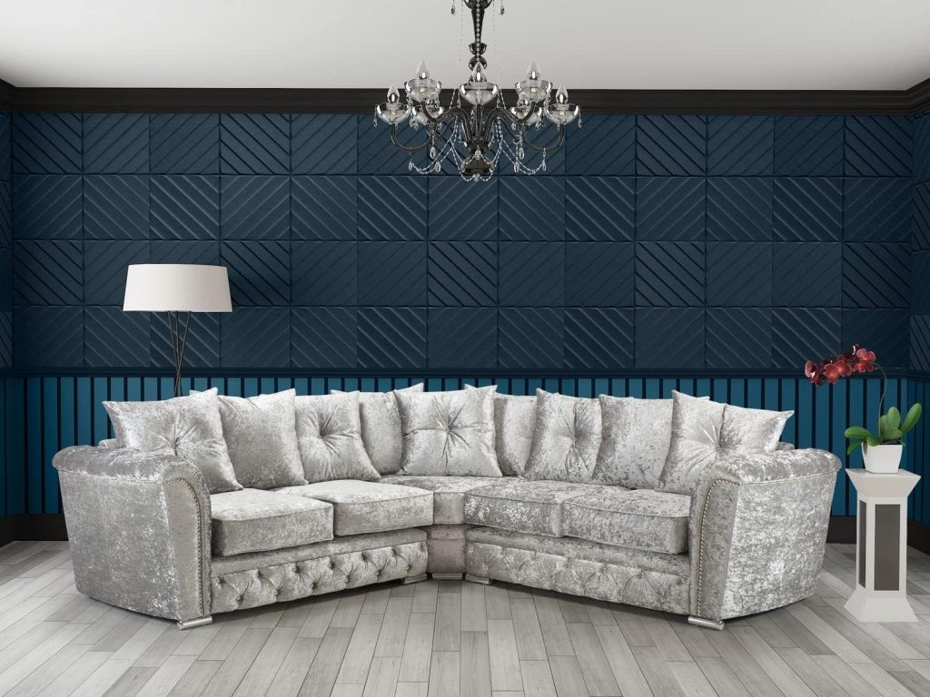 Luxury Chesterfield Silver Crushed Velvet Fabric 5 Seater Corner sofa ...