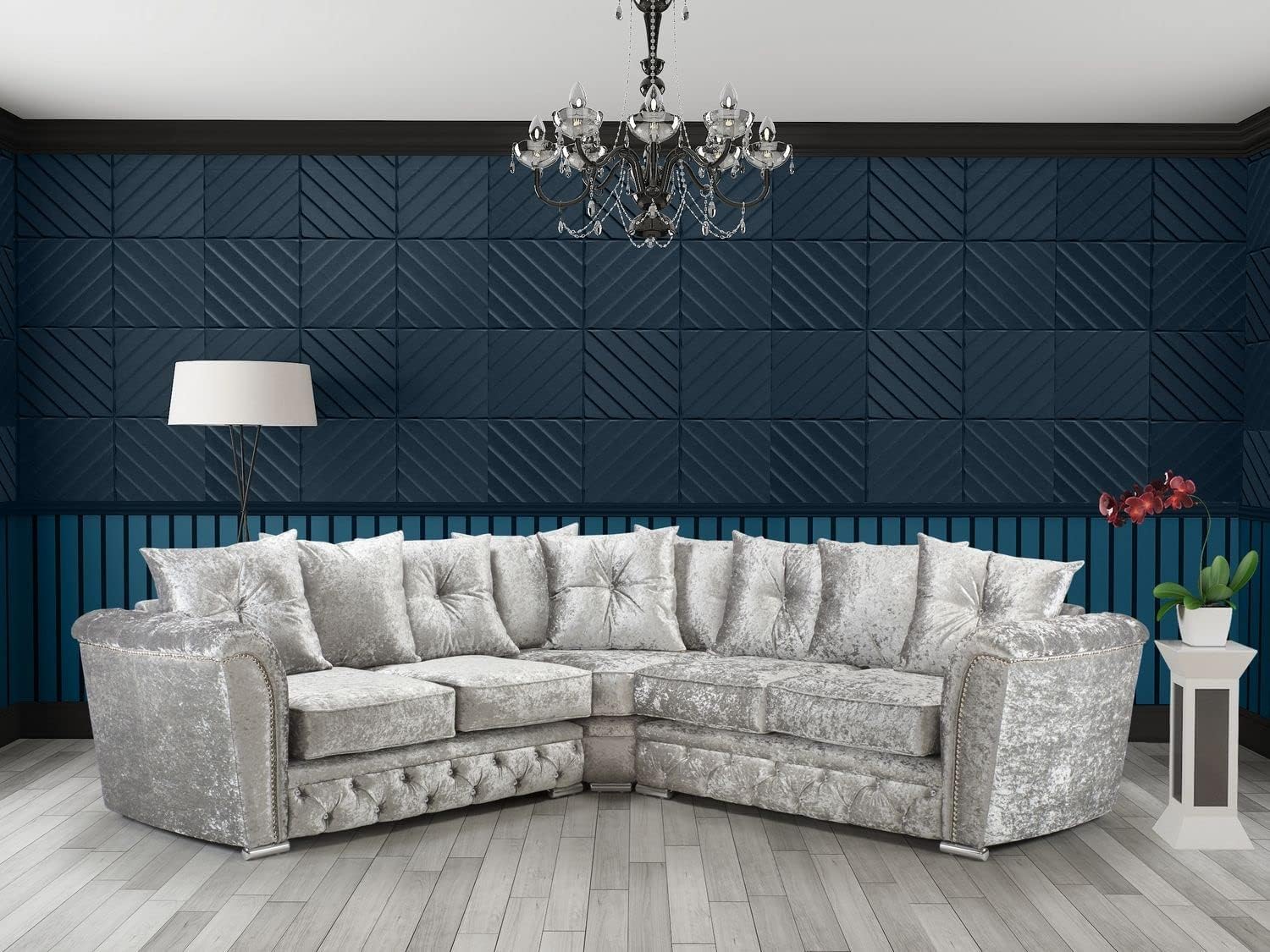 Luxury Chesterfield Silver Crushed Velvet Fabric 5 Seater Corner sofa Settee - Cheap Large 2C2 Suites & Couches for Living Rooms-101 (Sliver Velvet)