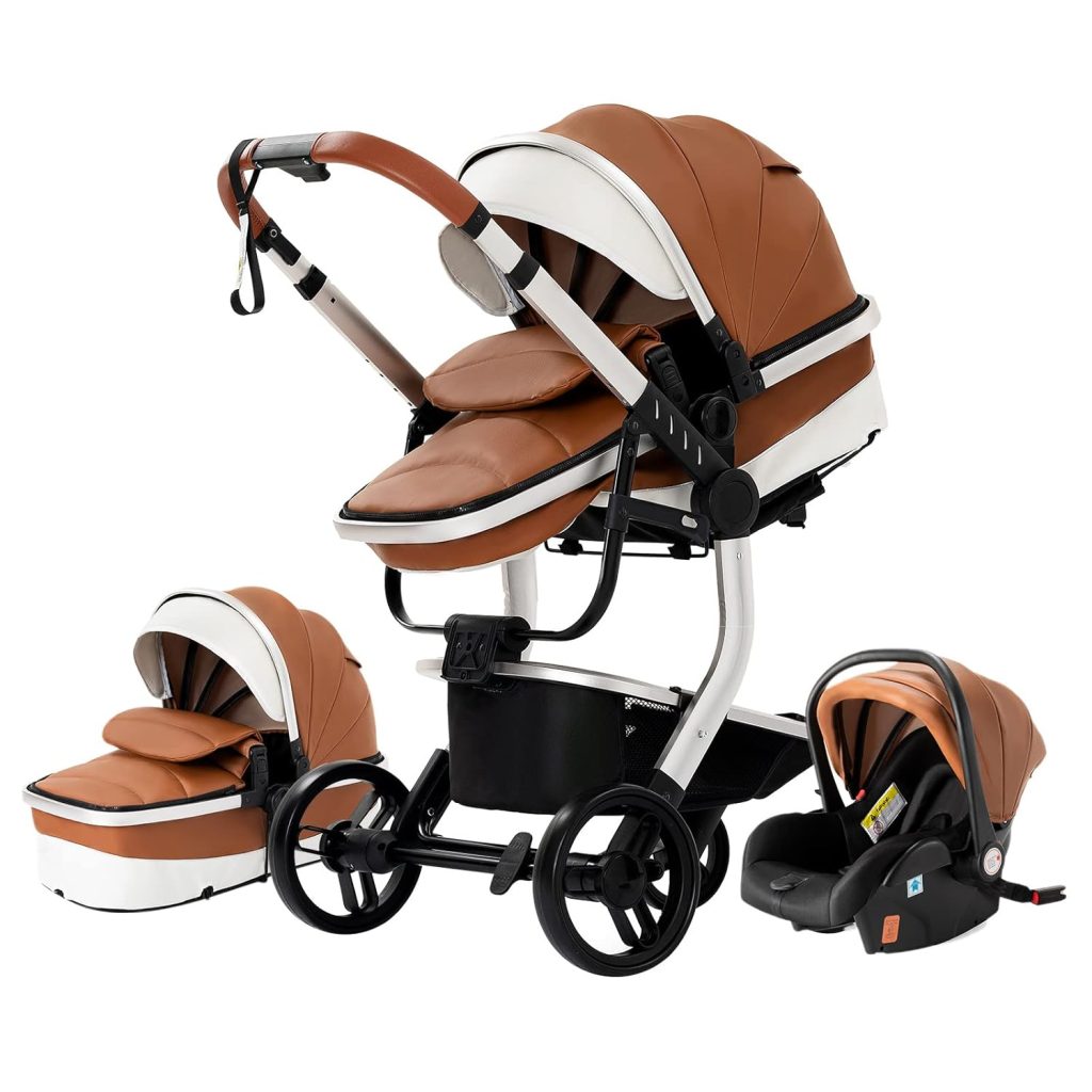 Magic ZC PU Leather 3 in 1 Pushchair Pram Travel System, Baby Stroller ...
