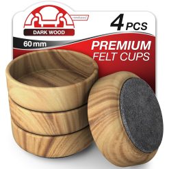 Medipaq Felt Castor Cups – 4x Large 60mm Dark Wood Grain – Protects Wooden & Smooth Floors – Chair & Furniture Leg Protectors