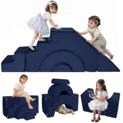 MeMoreCool Kids Play Sofa, Foam Modular Climbing Toddler Chair Couch, Sectional Baby Couch Slide & Stair, Convertible Children Sofa Playroom Furniture, Navy