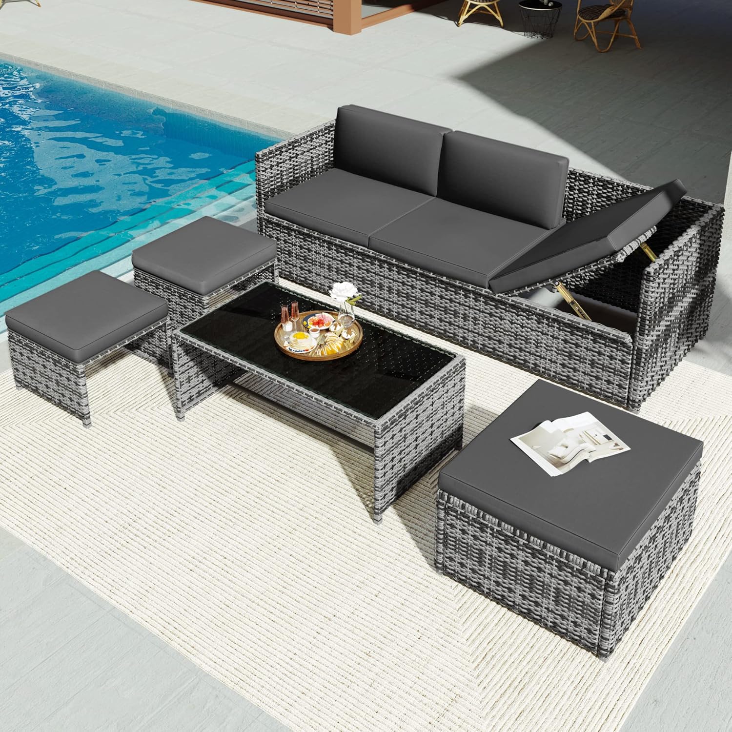 Merax Rattan Corner Sofa Garden Furniture Set, Outdoor Patio Dining Set, Grey, SET3, PE Rattan