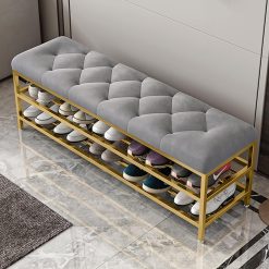 Metal Entrance Shoe Rack,Large Capacity Luxury Upholstered Shoe Storage Bench with Velvet Seat,Modern Shoe Bench for Hallway Accent Furniture-Grey 100x35x46cm(39x14x18inch)