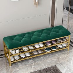Metal Entrance Shoe Rack,Large Capacity Luxury Upholstered Shoe Storage Bench with Velvet Seat,Modern Shoe Bench for Hallway Accent Furniture-Green 100x35x46cm(39x14x18inch)