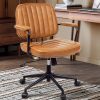 Mid-Century Modern Brown Leather Office Desk Chair with Wheels, Arms, and Reclining Back