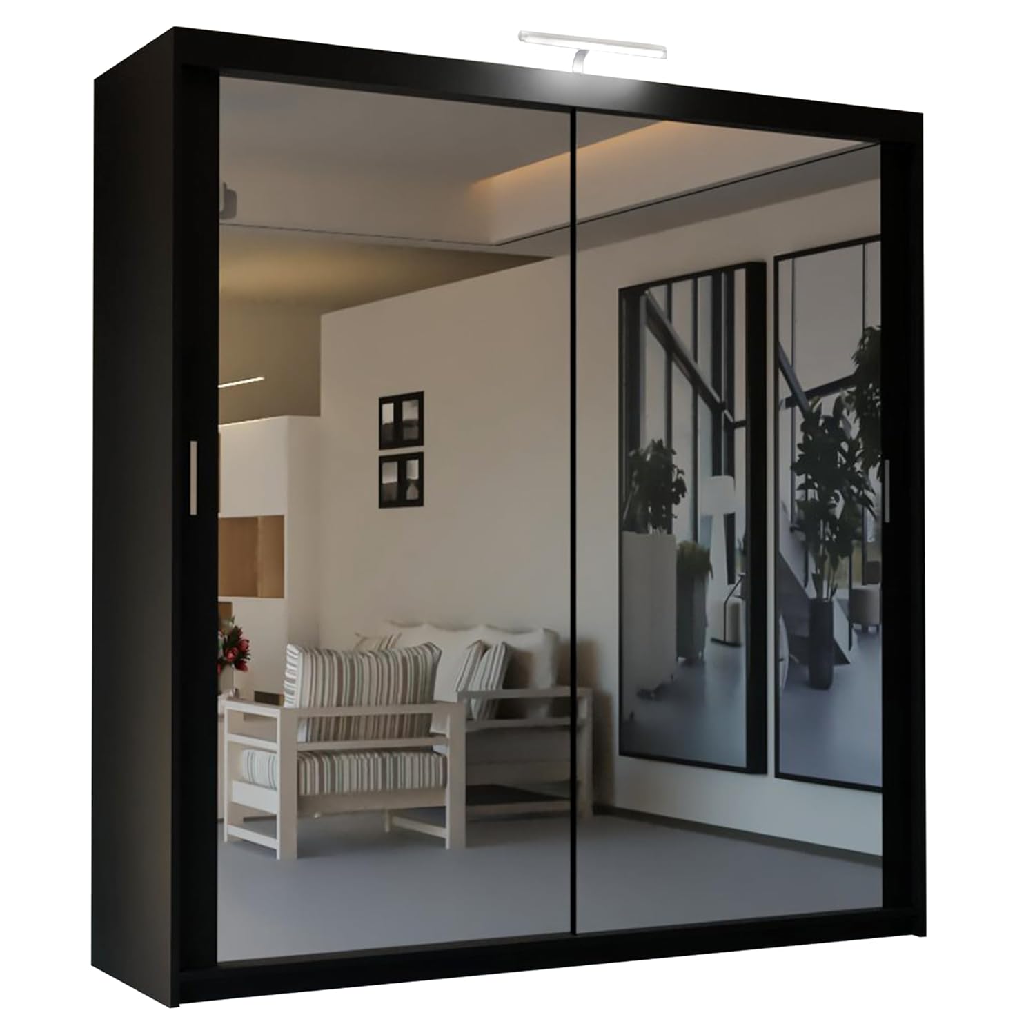 Mirror Sliding 2 or 3 Door Wardrobe with LED Light (Black, 150cm)