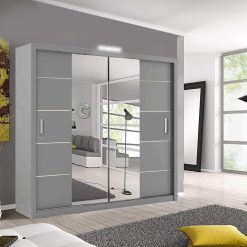 Modern Mirror sliding door wardrobe with LED Light Width 150cm/180cm/203cm (Grey, 203cm)
