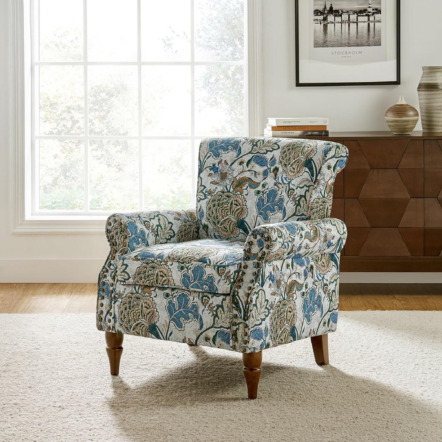 Modern Wingback Accent Chair Wood Legs & Removable Cushion Comfy Upholstered Armchair with Nailhead Trim, Floral Pattern Single Sofa for Living Room Bedroom, GREEN