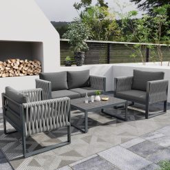 ModernLuxe Garden Furniture Sets with Table, Double Sofa and 2 Armchairs, Ultra Thick Cushions, Outdoor Garden Table and Chairs for 4 People, Thick Rope Woven Handrails,...