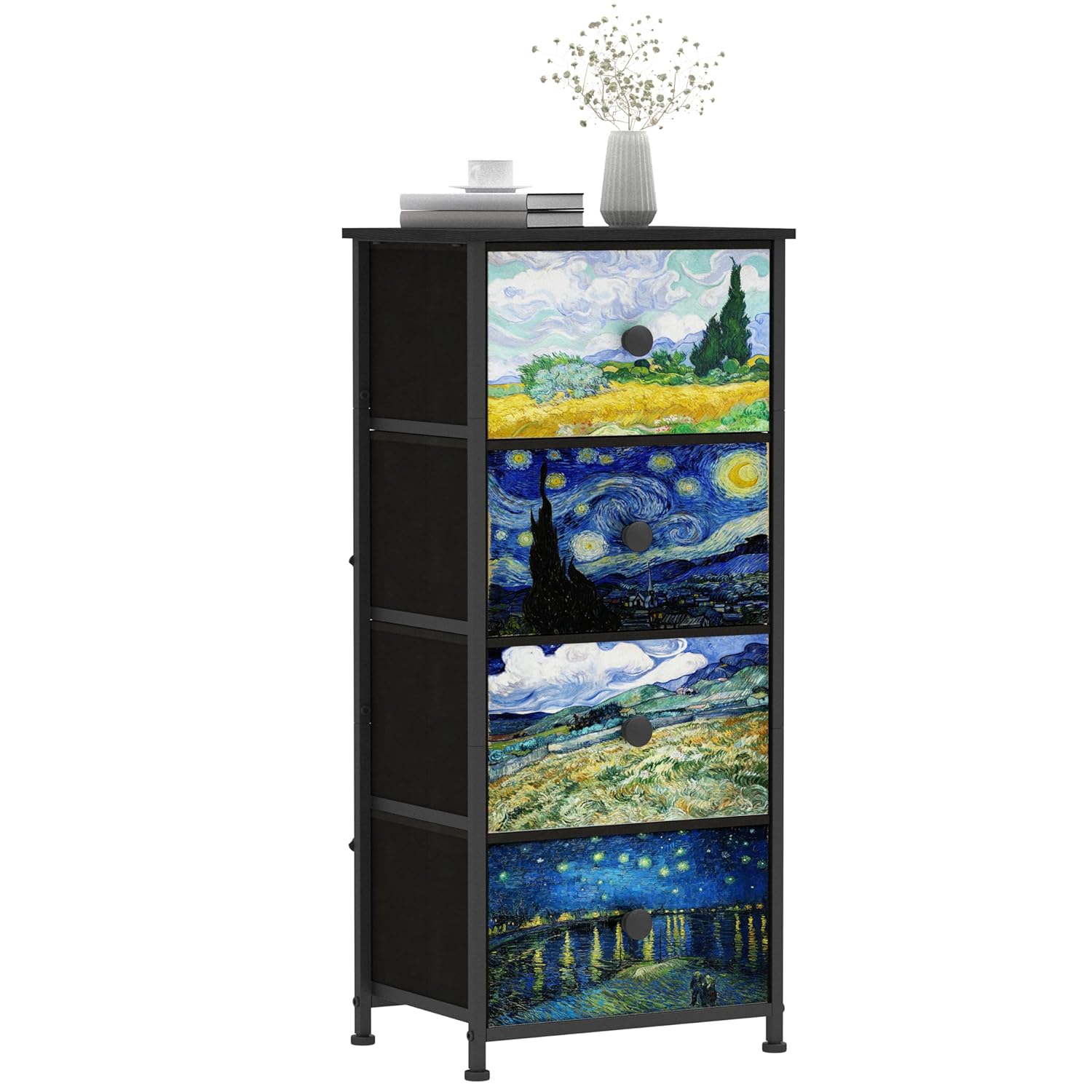 Narrow Dresser for Bedroom Slim 4 Drawer Dresser Vertical Storage Tower Unit for Living Room Hallway Kids Room Nursery Closet Sturdy Steel Frame Wooden Top Easy Pull Handle