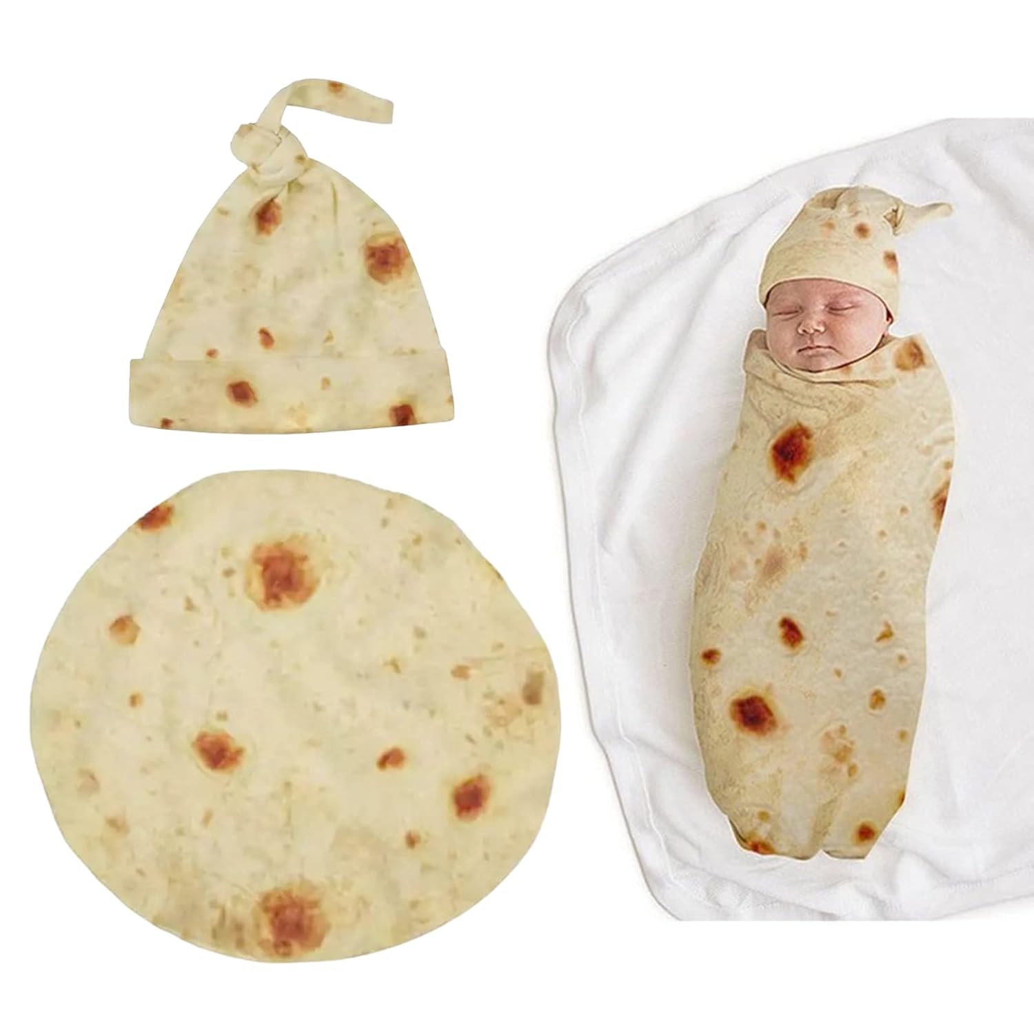 Newborn Baby Wrap Burrito Swaddle Blanket with Hat Set, Soft Tortilla Pattern Blanket Gift for Baby Shower