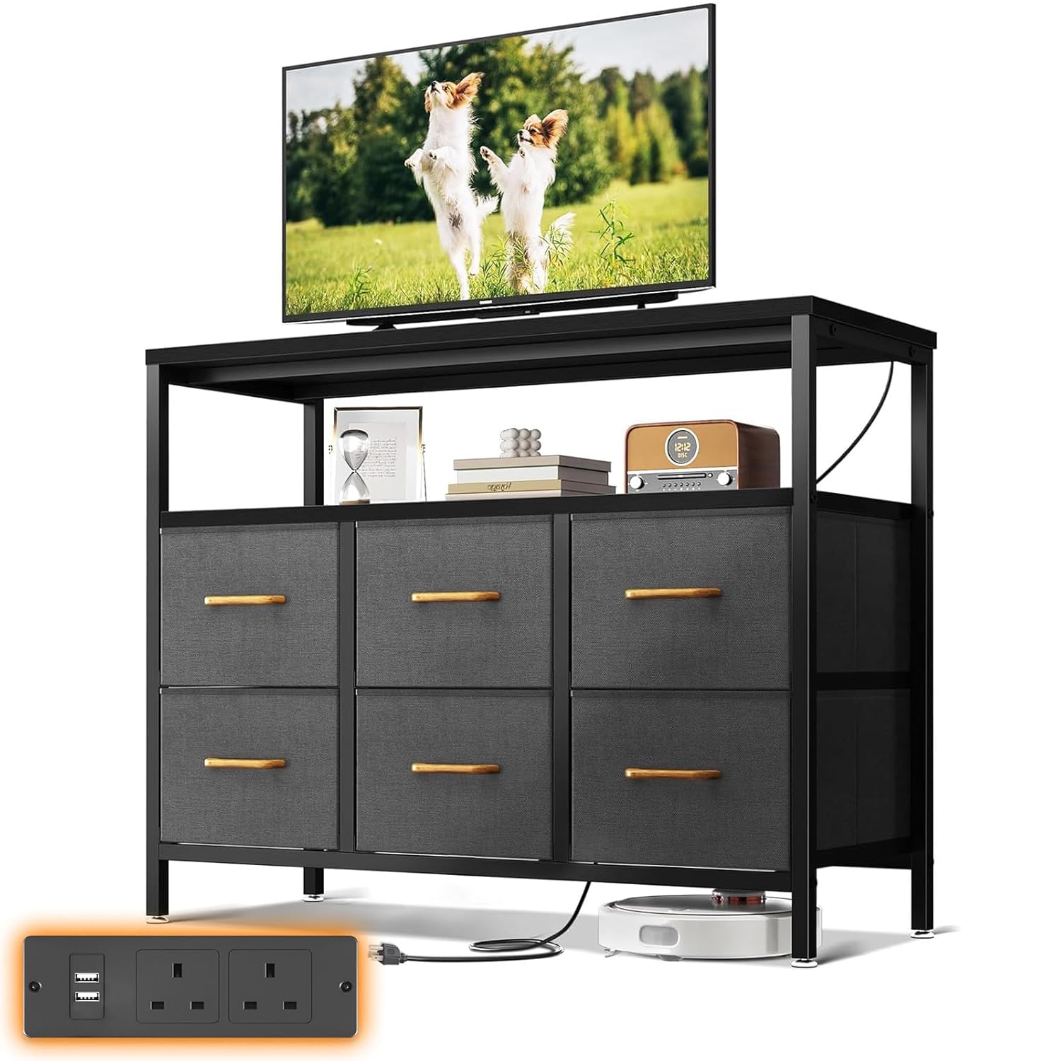 ODK Chest of Drawers Bedroom, Bedroom Dresser with 2 USB and 2 Sockets, Multi-functional Fabric Drawers Suitable for Bedrooms, Living Rooms, Sturdy Storage Dresser with Shelves,...