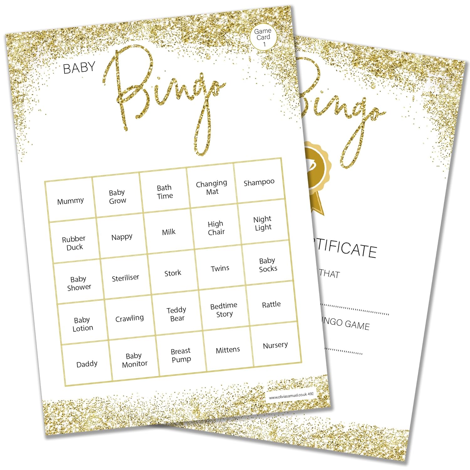 Olivia Samuel Bingo Baby Shower Game for up to 26 Players from Gold Sparkle Design with Winner Certificate – Unisex – Made in the UK