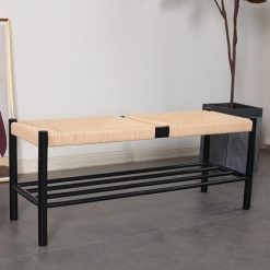 Ottoman Stool Modern Farmhouse Natural Oak Hand-woven Cotton Rope Shoe Bench Shoe Rack For Indoor Outdoor Shoe Cabinet Bedroom Entryway Hallway-Black 110x35x45cm(43x14x18inch) (110