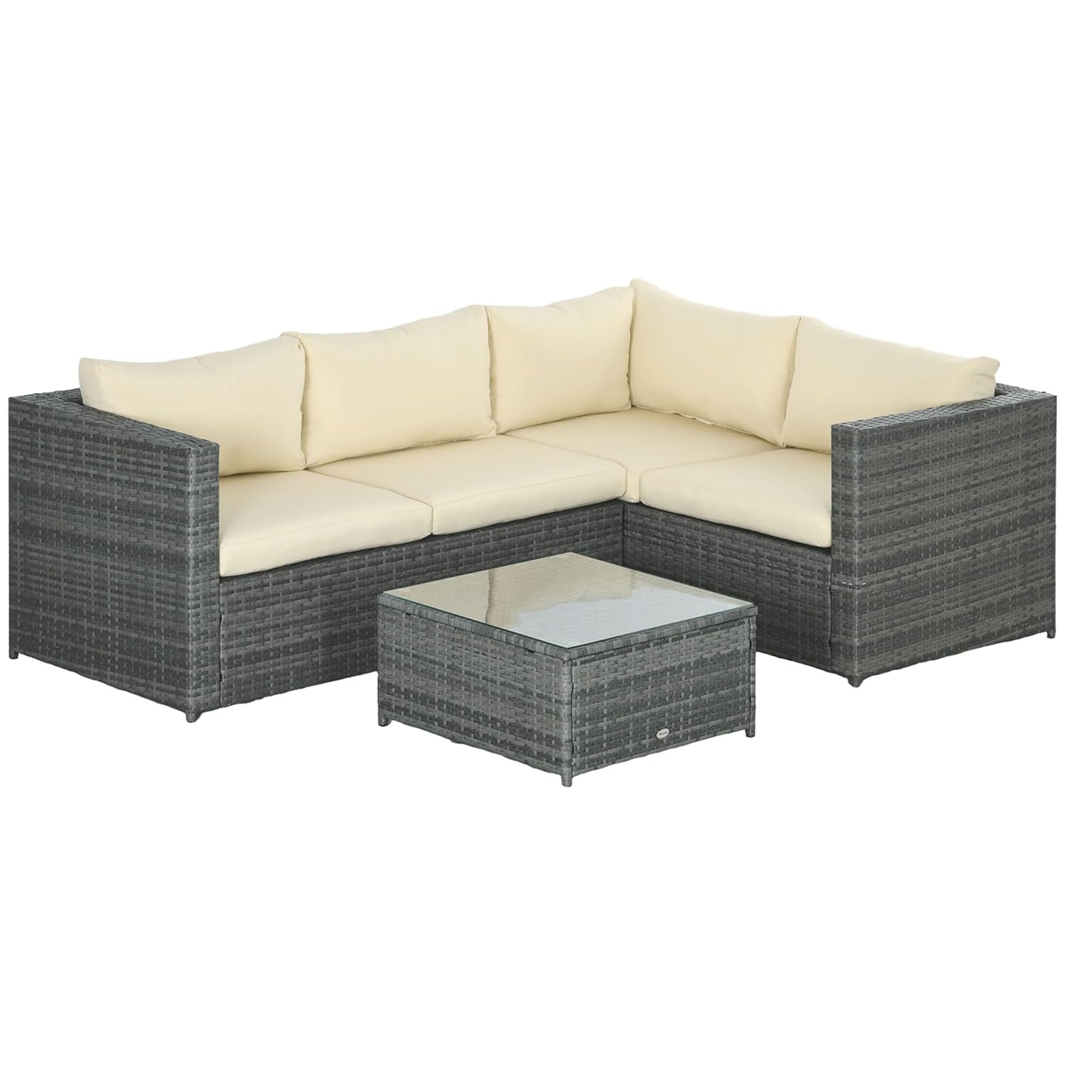 Outsunny 3 Pieces PE Rattan Garden Furniture Set with 10cm Thick Cushions, 4 Seater Outdoor Patio Corner Sofa Set with Glass Top Coffee Table, Beige