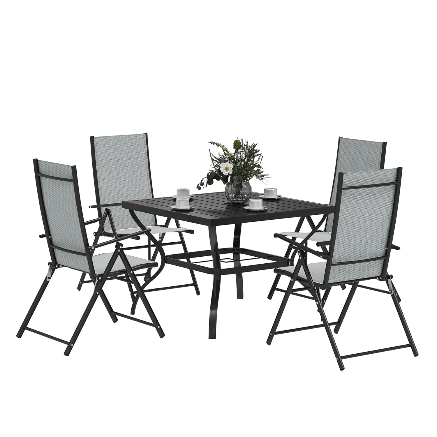 Outsunny 5 Pieces Garden Dining Set, 4 Seater Garden Furniture Set with Parasol Hole, Outdoor Dining Set with High Back Folding Chairs and Square Metal Top Table for Outdoor...