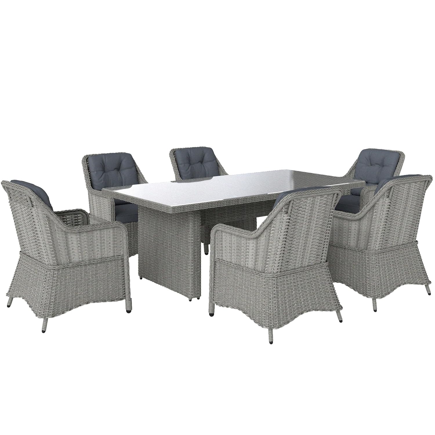 Outsunny 6 Seater Rattan Dining Set, Round PE Rattan Garden Furniture Set with Seat and Back Cushions, Aluminium Outdoor Dining Table and Chairs with 6 Armchairs, Rectangular...