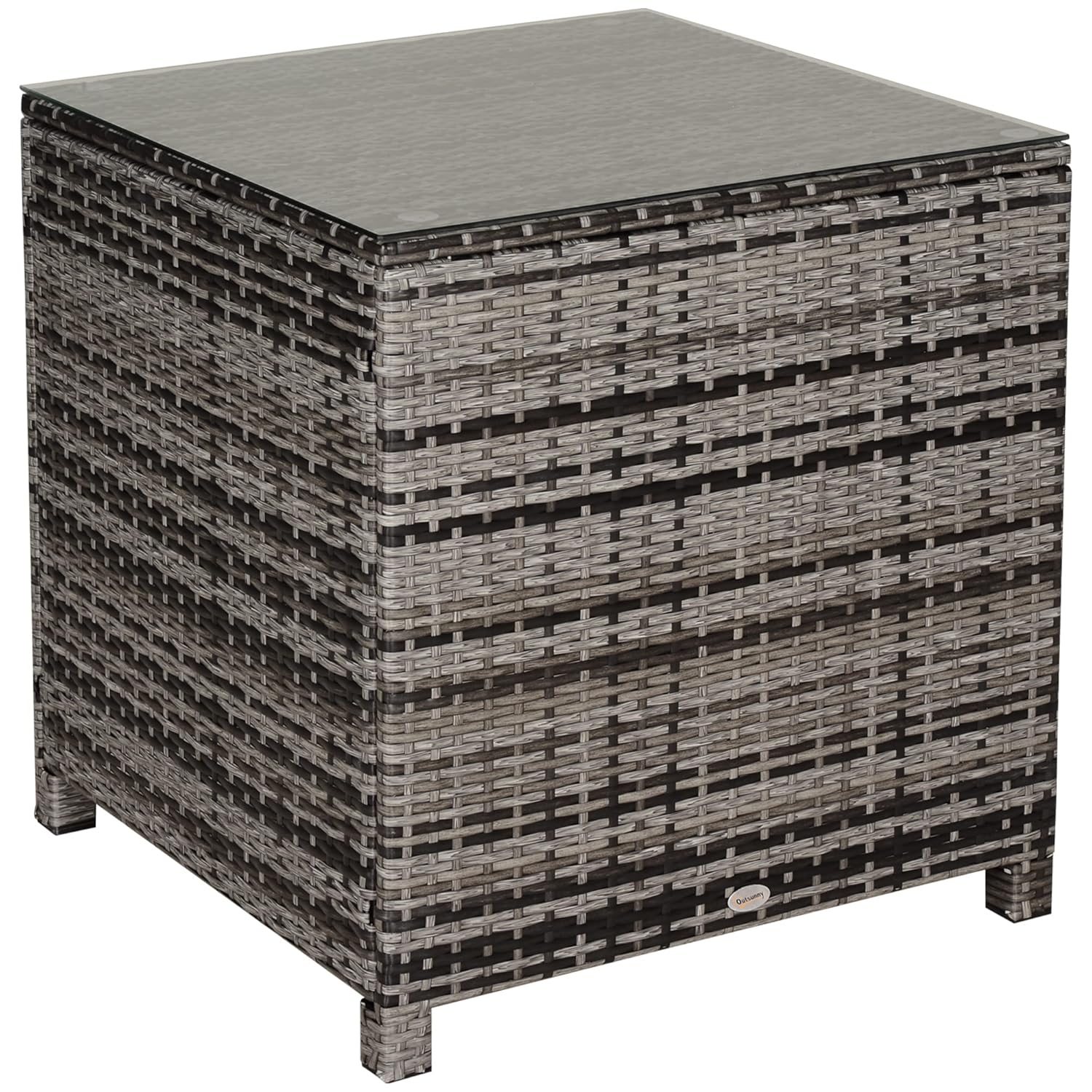 Outsunny Patio PE Rattan Side Table, Square Outdoor Coffee Table w/Tempered Glass Top, Mixed Grey