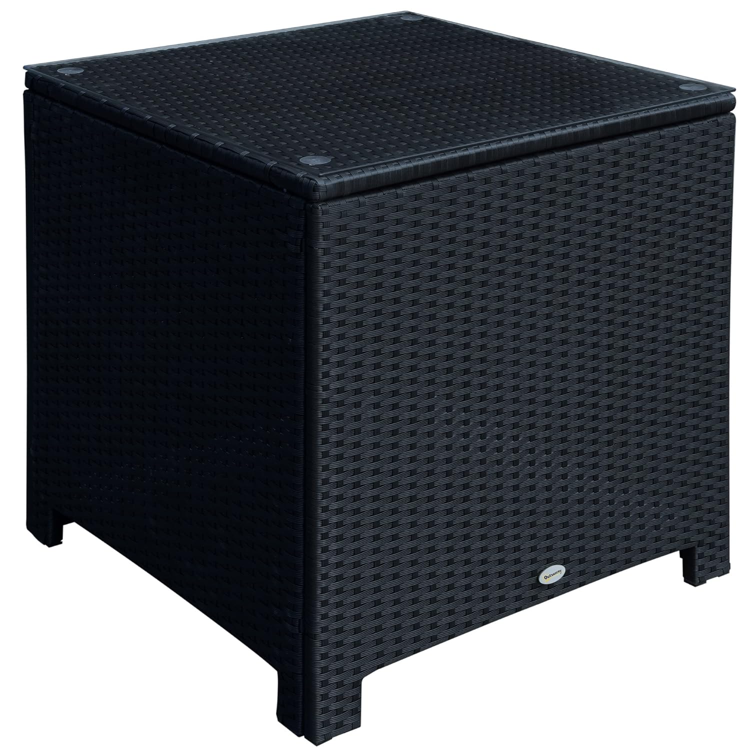 Outsunny Patio PE Rattan Side Table, Square Outdoor Coffee Table w/Tempered Glass Top, Black