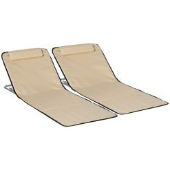 Outsunny Set of 2 Foldable Garden Beach Chair Mat Lightweight Outdoor Sun Lounger Seats Adjustable Back Metal Frame PE Fabric Head Pillow w/Carry Bag, Beige