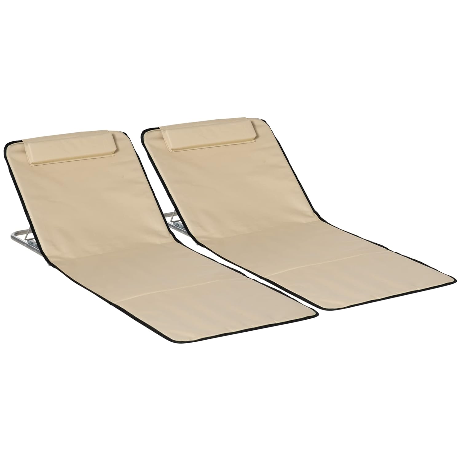 Outsunny Set of 2 Foldable Garden Beach Chair Mat Lightweight Outdoor Sun Lounger Seats Adjustable Back Metal Frame PE Fabric Head Pillow w/Carry Bag, Beige