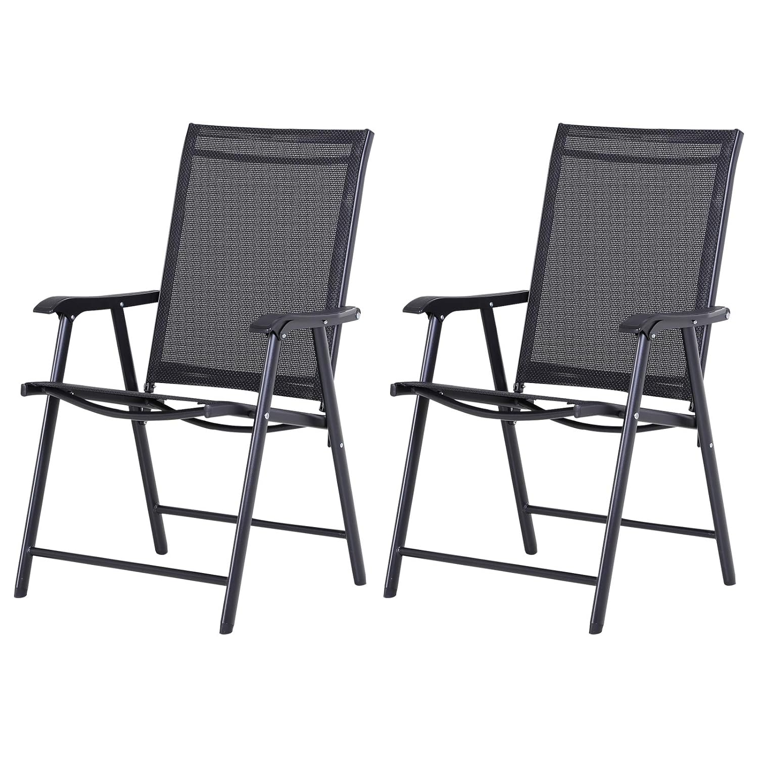 Outsunny Set of 2 Folding Garden Chairs, Metal Frame Garden Chairs Outdoor Patio Park Dining Seat with Breathable Mesh Seat, Black