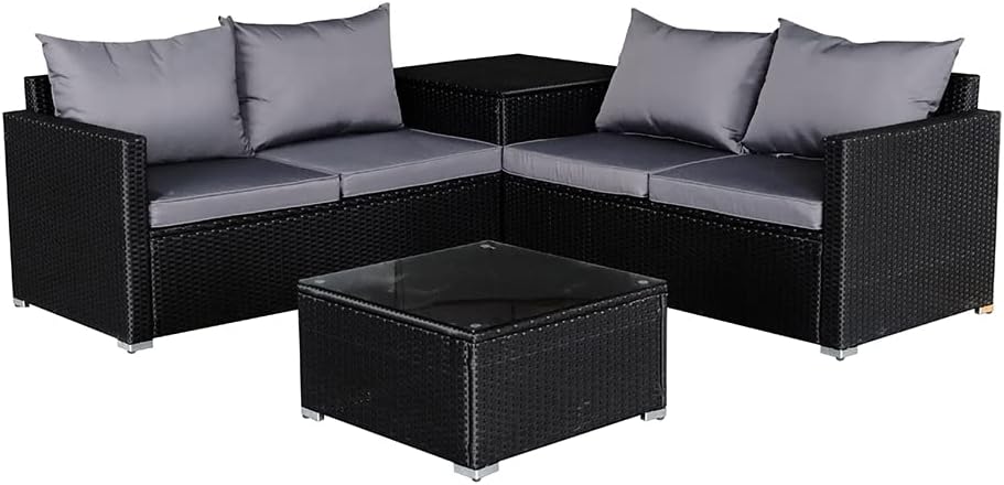 Panana 4 Seater Rattan Furniture Set Lounge Corner Sofa Set with Storage Cabinet, Coffee Table, Furniture Cover for Garden Patio Outdoor (Black Wicker with Grey Cushions)