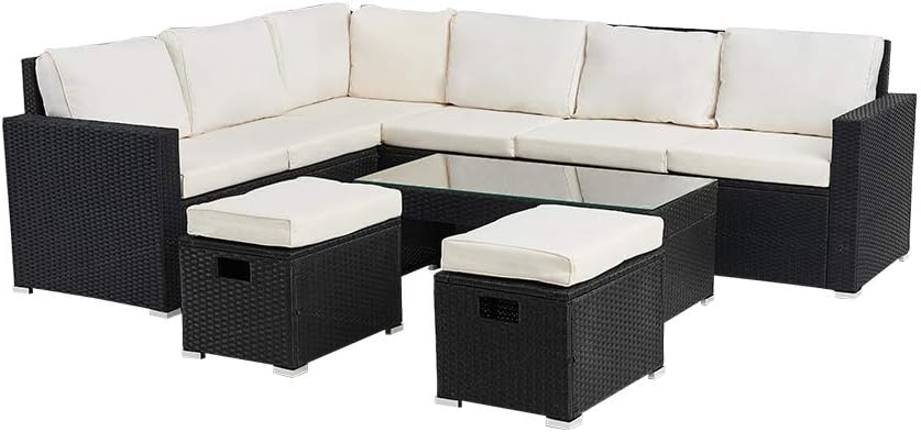 Panana Rattan Garden Sofa Set 8 Seater Outdoor Lounge Sofa with Coffee Table and Stools, PE Rattan Patio Furniture Garden Seating for Backyard, Poolside