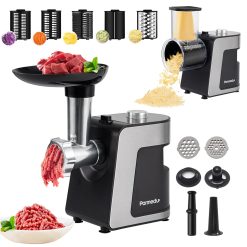 Parmedu Electric Cheese Grater & Meat Grinder: Electric Vegetable Cutter Electric Slicer Shredder Salad Maker - Professional Meat Mincer with 2 Plates, Sausage Maker & Kibbe...
