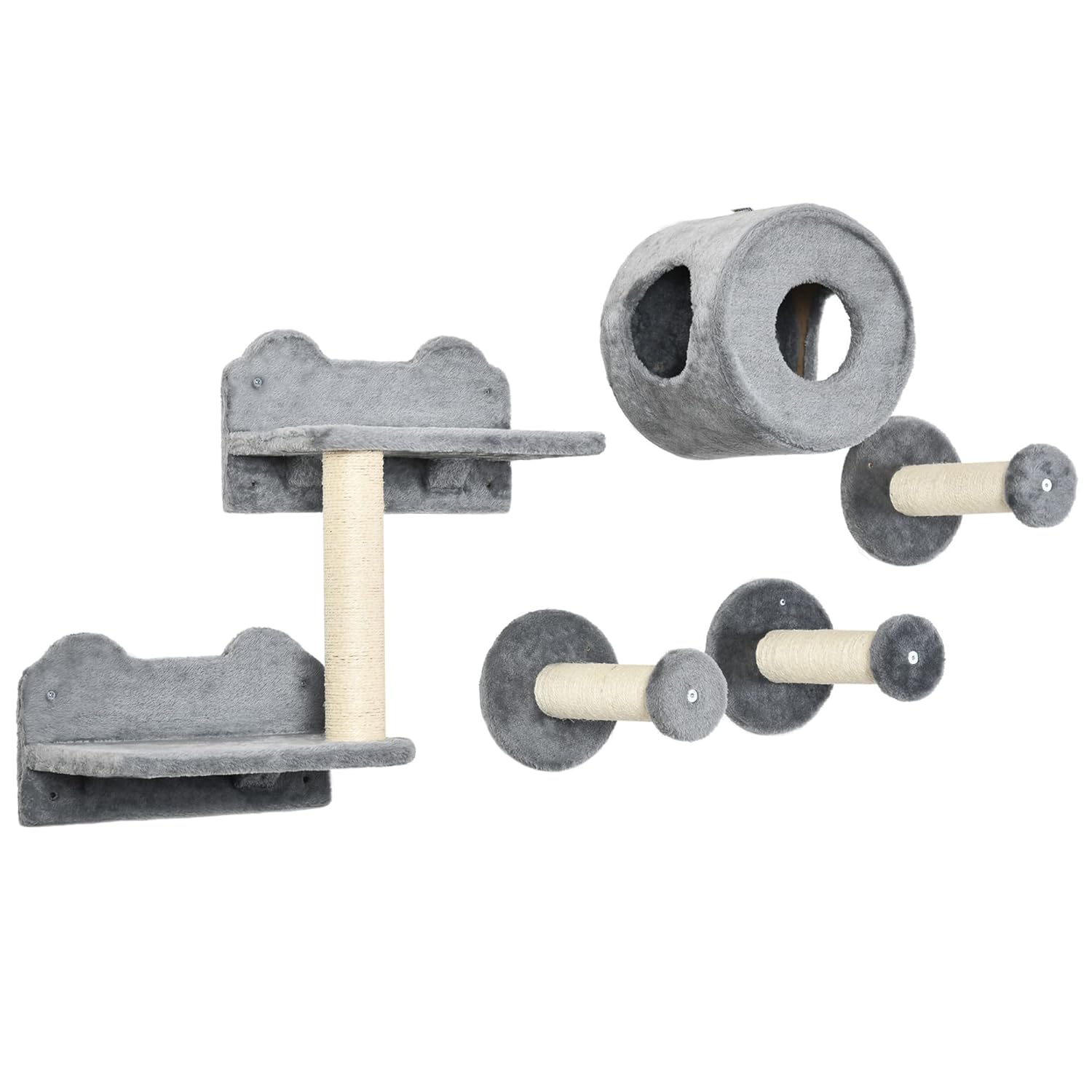 PawHut 5Pcs Cat Wall Furniture with Perch, Cat Condo, Scratching Post - Grey