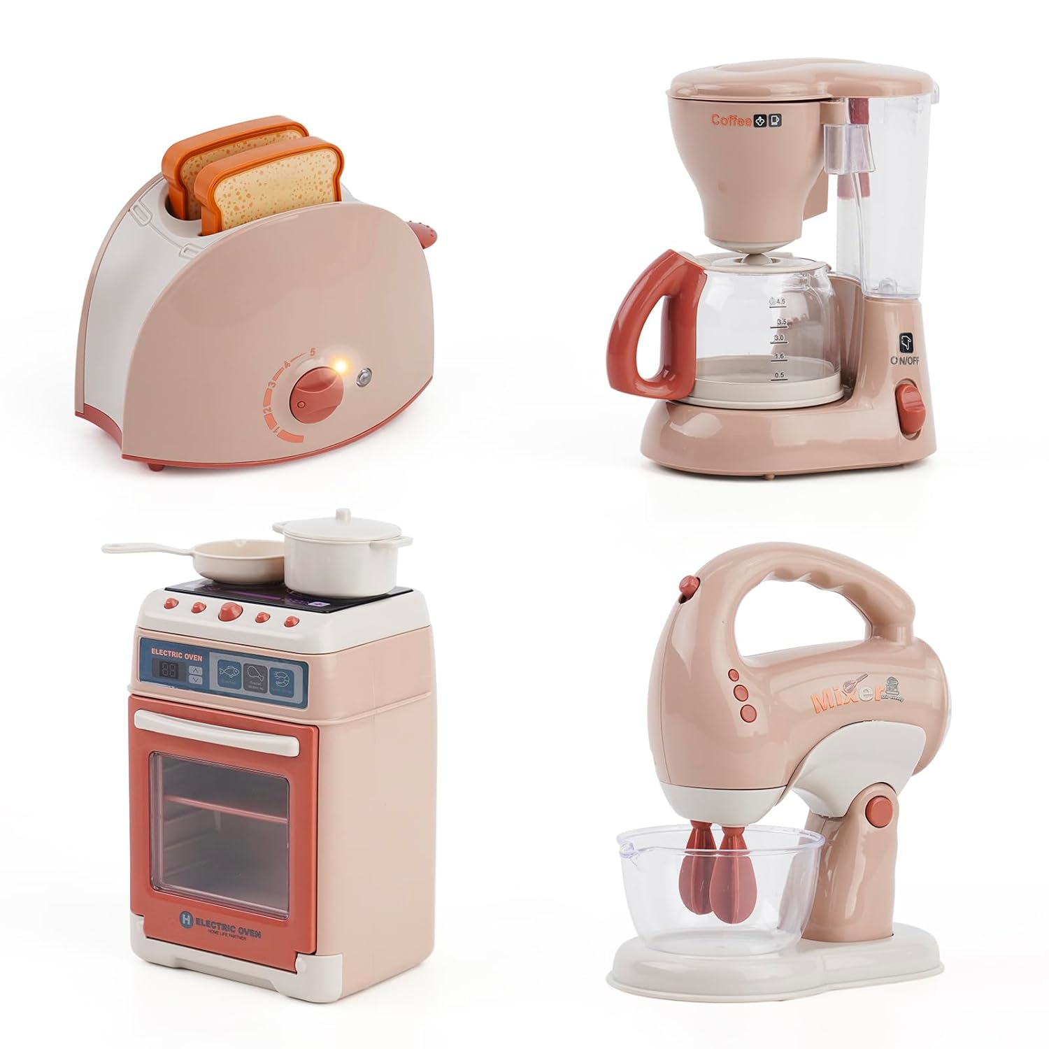 Pretend Play Kitchen Appliances Toys,Pretend Role Play Toys with Coffee Maker, Blender, Toaster and Mixer with Realistic Lights& Sounds, Ages 3+
