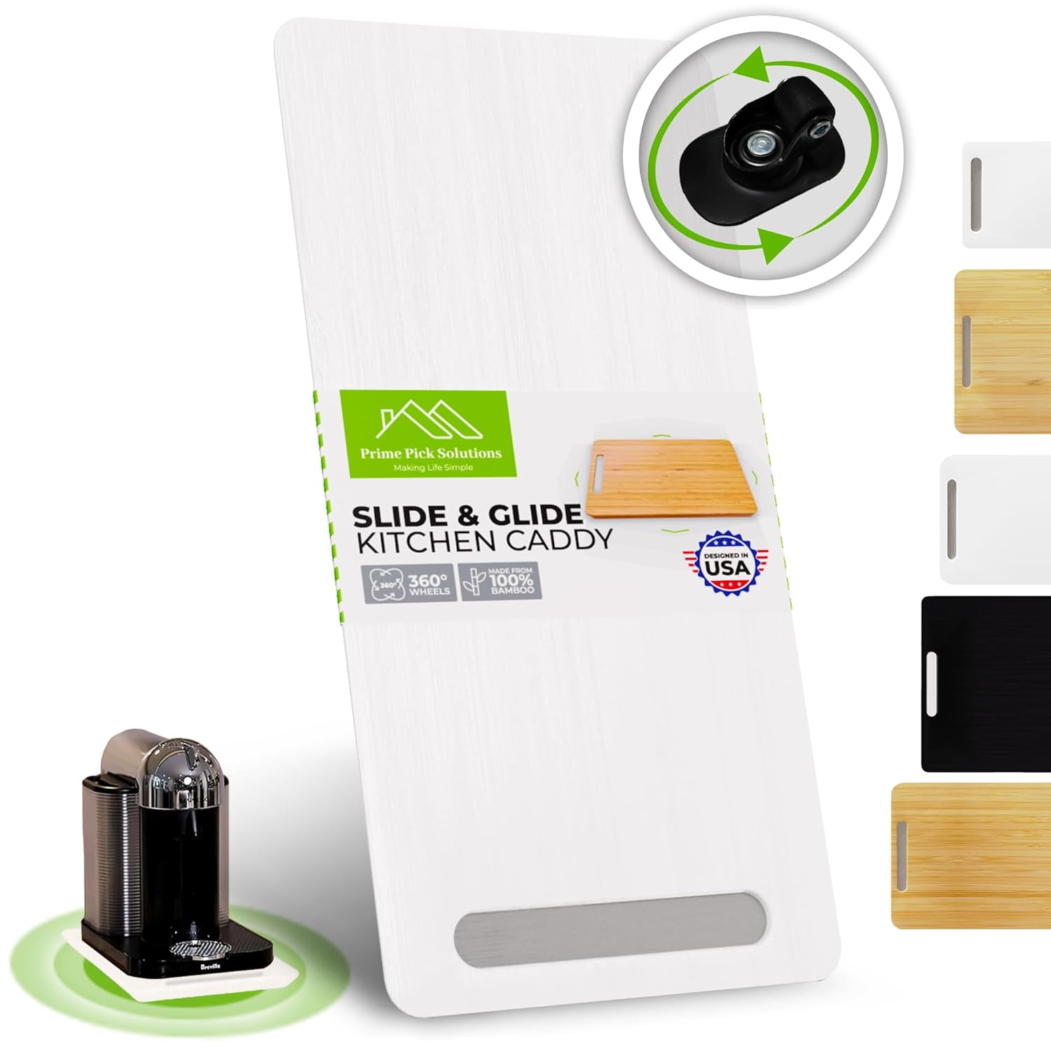 Prime Pick Solutions Bamboo Countertop Appliance Slider with 360° Wheels, Appliance Sliding Tray for Coffee Maker & Heavy Kitchen Appliances, Bamboo Rolling Tray - 16"x13", White