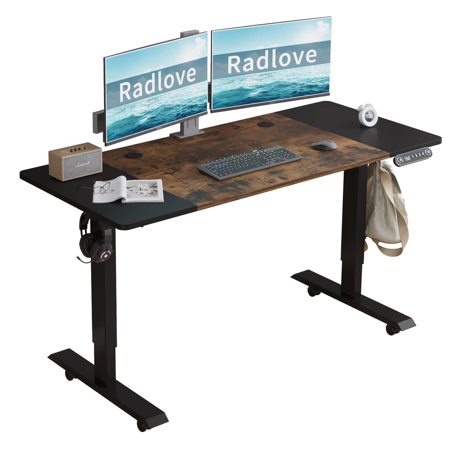 Radlove Electric Height Adjustable Standing Desk, 55'' x 24'', Splice Board Home Office Computer Standing Table Height Adjustable Ergonomic Desk (Black Frame + 55" Brown Top)