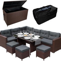 Rattan Corner Dining Set & Garden Storage Box Brown 9-Seater L Sofa Stools Glass Table Large Cushion Furniture Chest 582L Outdoor Patio Steel Frame UV Resistant FREE Waterproof...