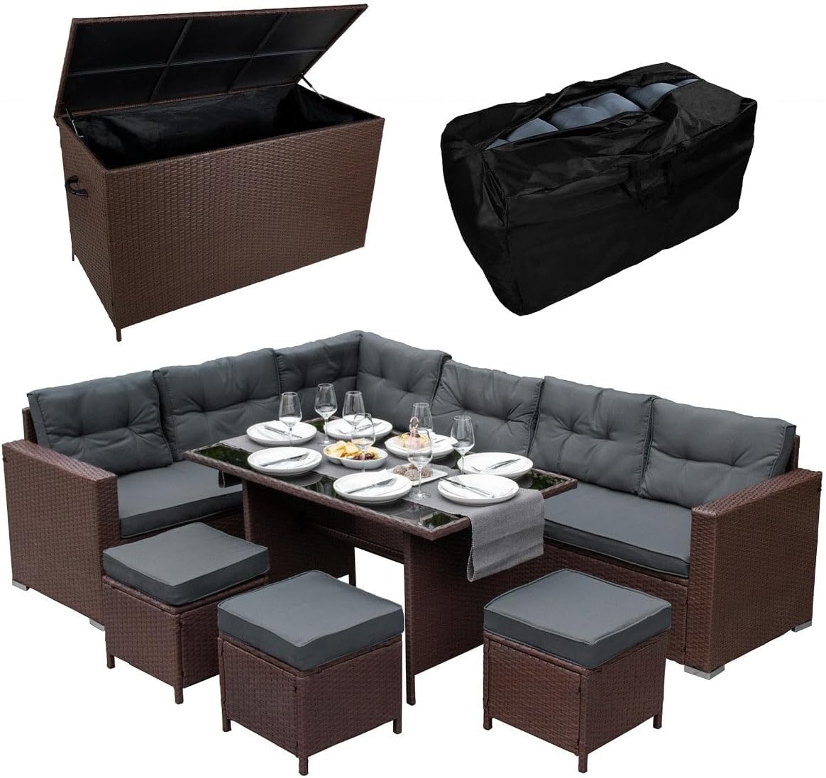 Rattan Corner Dining Set & Garden Storage Box Brown 9-Seater L Sofa Stools Glass Table Large Cushion Furniture Chest 582L Outdoor Patio Steel Frame UV Resistant FREE Waterproof...