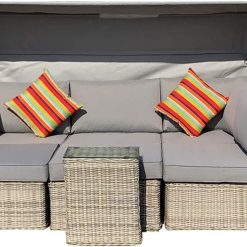 Rattan Furniture Fairy Cambridge Canopy Sofa Daybed Set with Ice Bucket Side Table in a Natural Mixed Grey Round and Half Round Weave