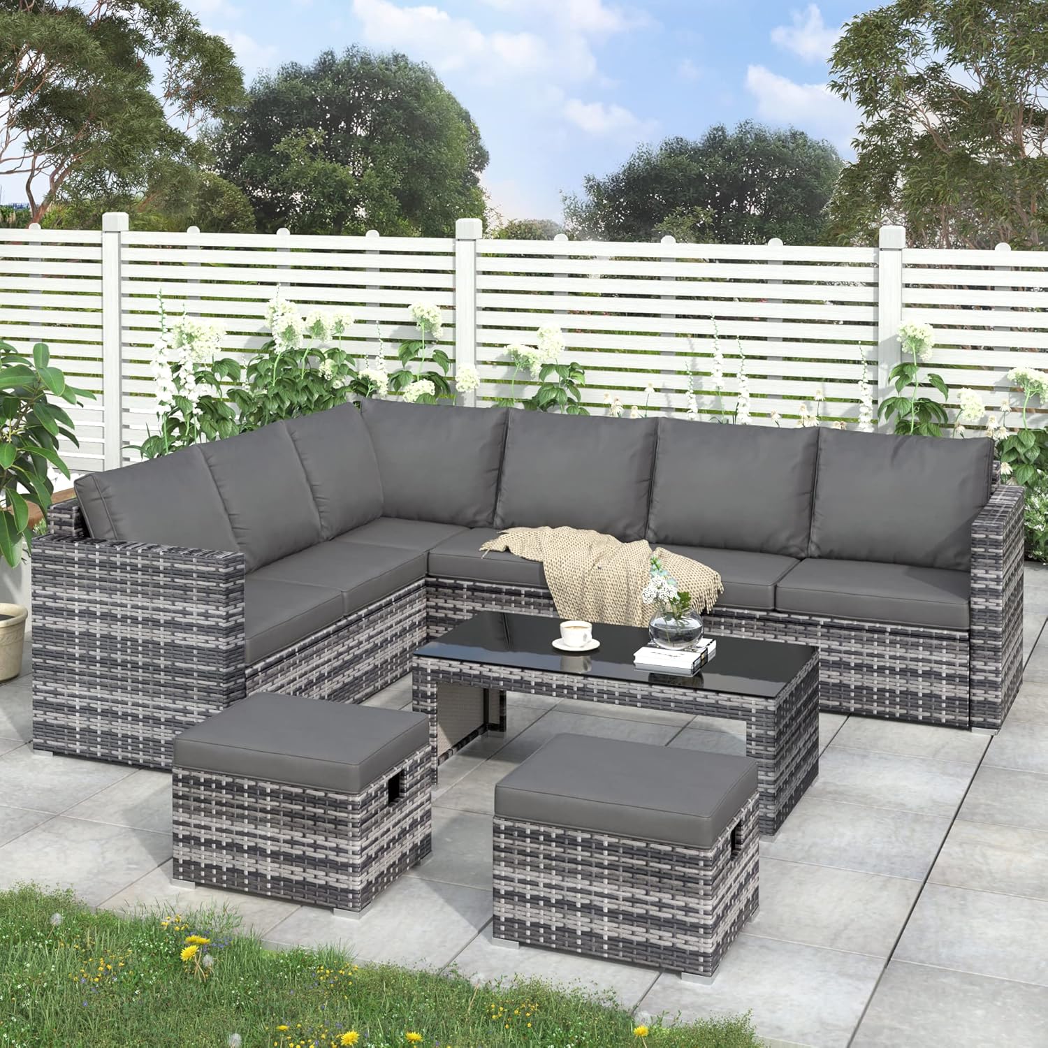 Rattan Garden Furniture Set, Patio Lounge Set, All Weather Wicker, 8 Seater Rattan Sofa Outdoor Furniture with Coffee table 2 stools, Outdoor Garden Balcony Conservatory