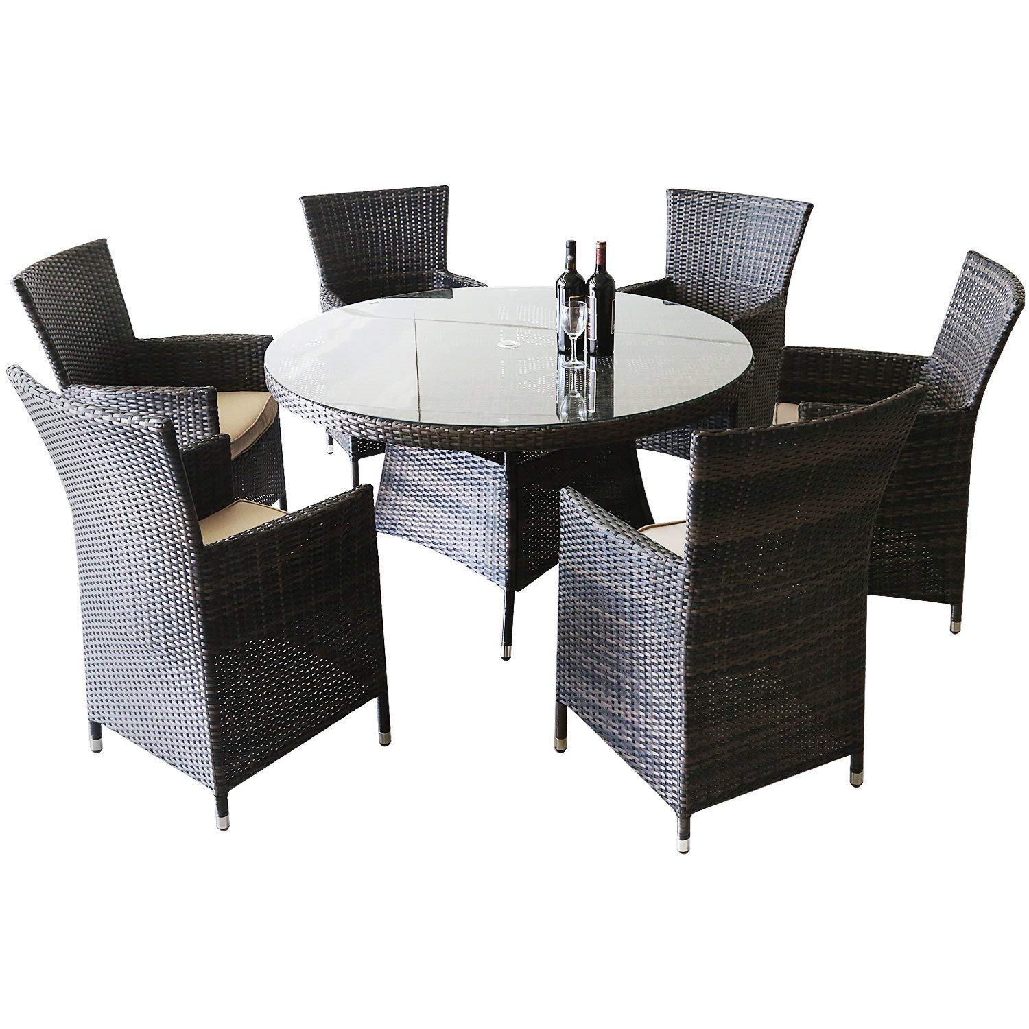 Rattan Garden Furniture Table and Chairs Sets, 7 Pieces Patio Outdoor Round Table Dining Sets ALUMINUM FRAME RUST FREE FULLY ASSEMBLED - Mix Brown 135cm Table with 6 Seater