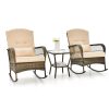 RELAX4LIFE Outdoor Rocking Set, 3PCS Rattan Garden Furniture with 2 Rocking Chairs, Tempered Glass Table, Cushions and Pillow, Patio Conservatory Bistro Set for Backyard Porch...