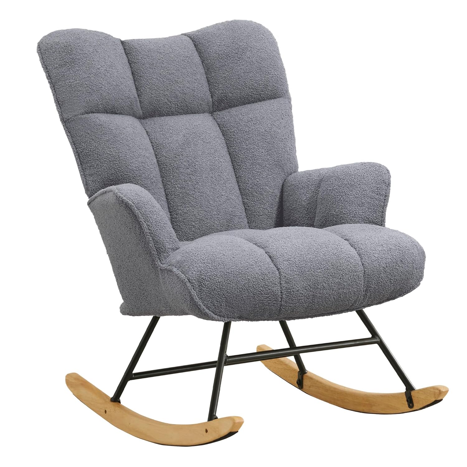Rocking Chair Nursery Teddy Upholstered Glider Rocking Accent Chairs Padded Seat with Rubber Wood Legs Armchair Comfy Side Chair for Living Room Bedroom Offices (DarkGrey Teddy)