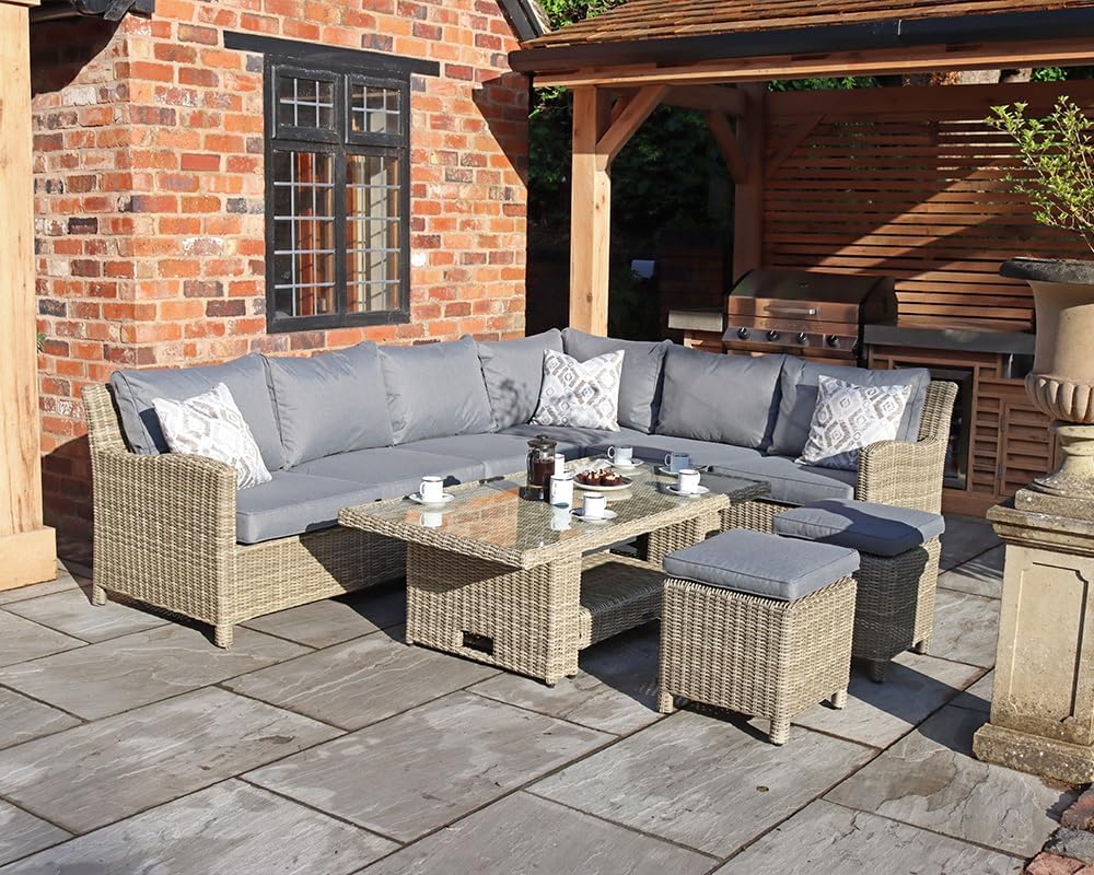 Royalcraft Wentworth Modular Corner Dining Set In Cream With Grey Cushions And Adjustable Table