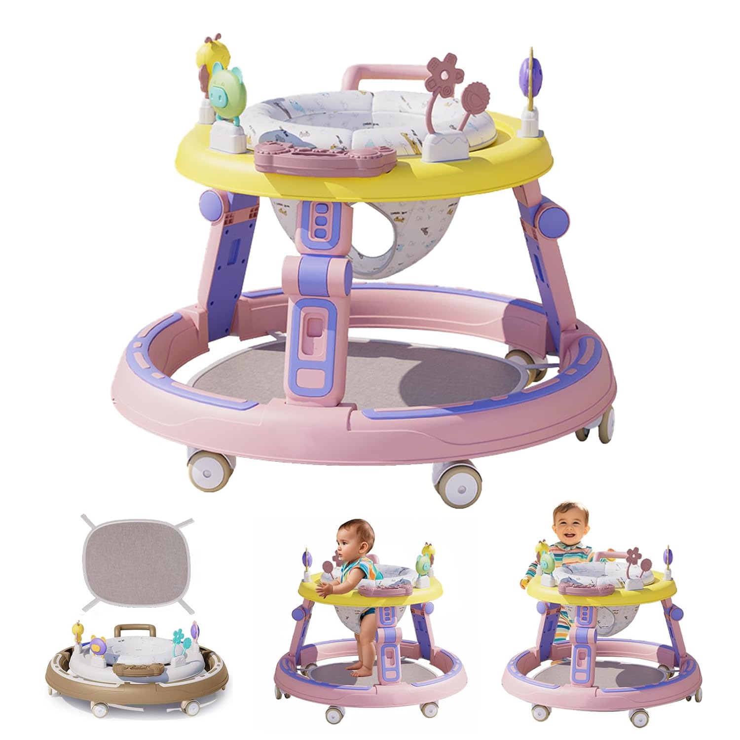 RuguAini Baby Walkers 360° Rotating Seat Foldable Multi-Function Anti-Rollover for 6-24 Month Babies, Music Toddler Push Along Walker for Girls, No Installation, with Silent...